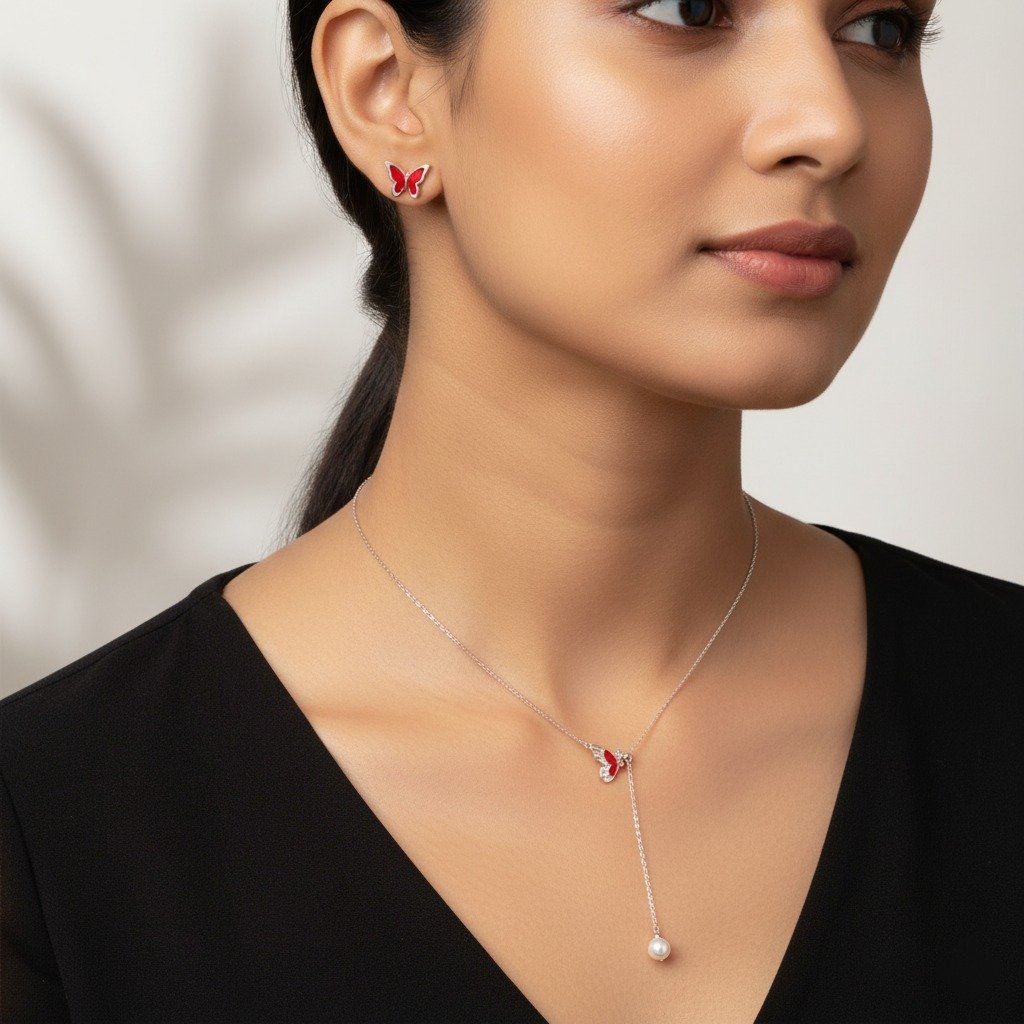 Ruby Air Butterfly Pearl Necklace Set