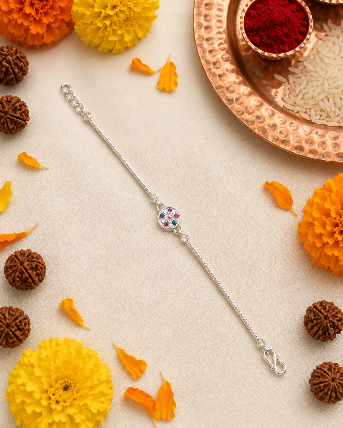 Navratna Bloom 92.5 Sterling Silver Rakhi Bracelet