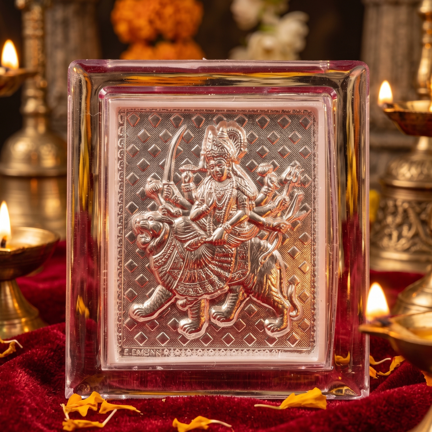 Decorative item with a deity figure on a red fabric background with candles and flowers.