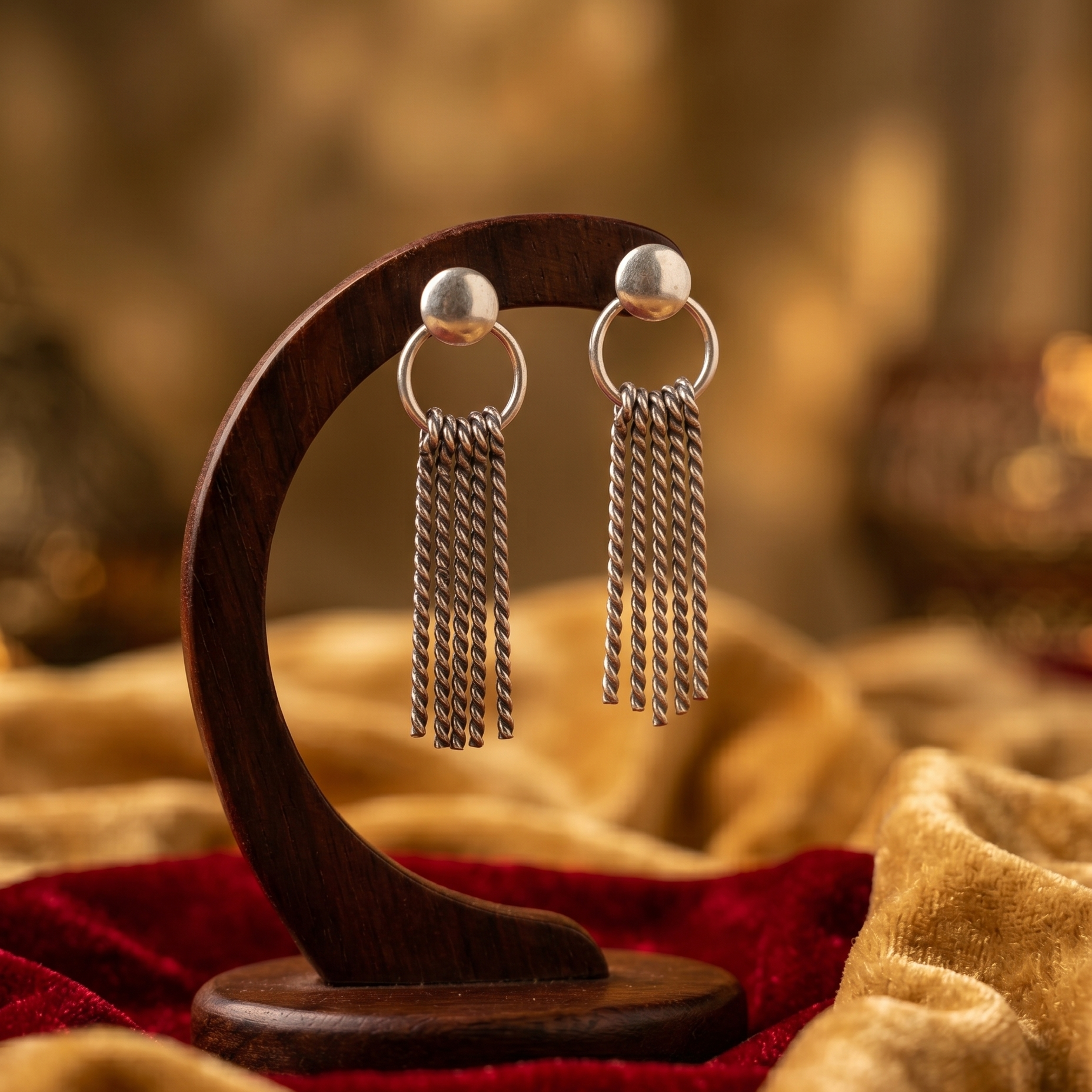 Silver earrings on a wooden stand with a warm, blurred background