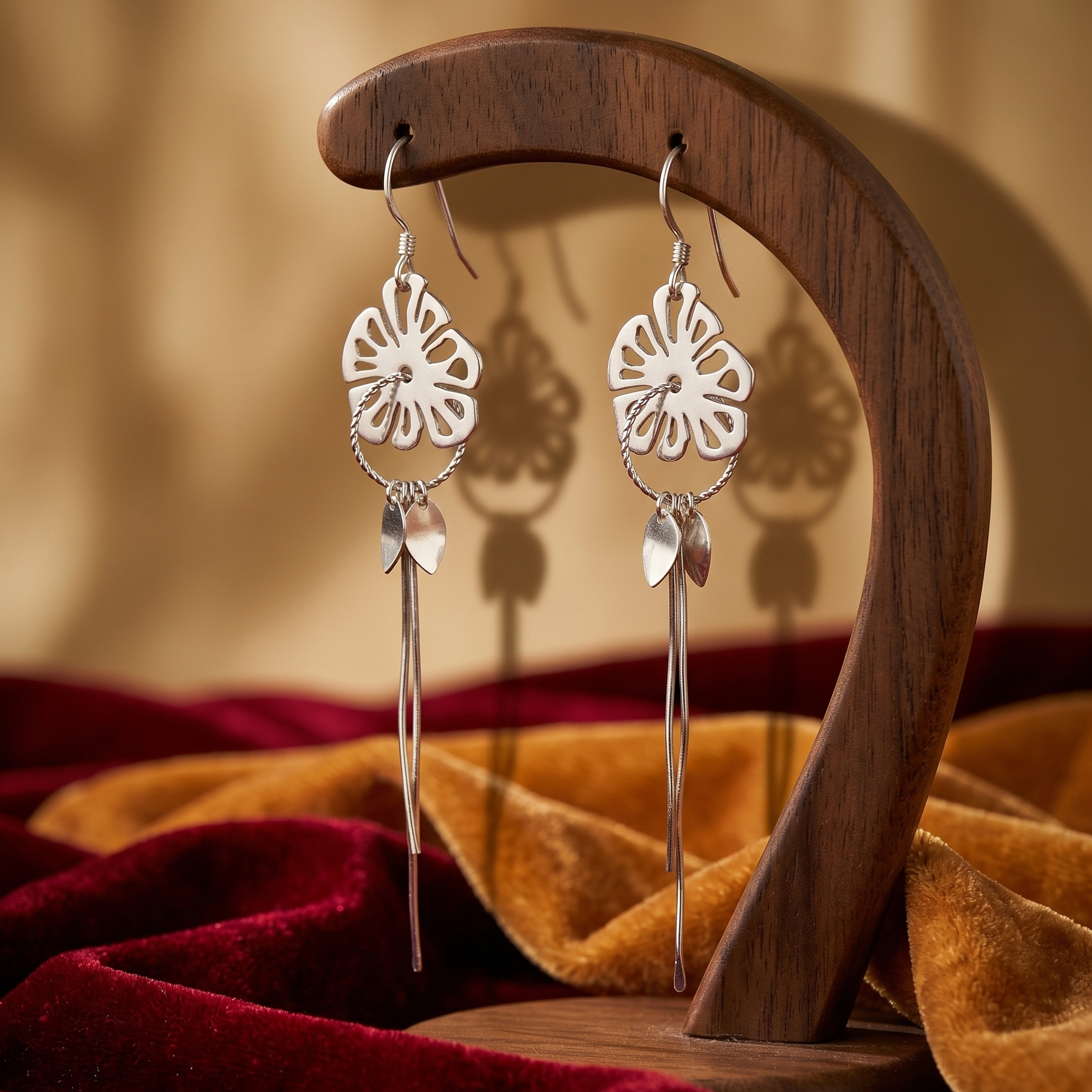 Silver floral earrings on a wooden stand with a warm background
