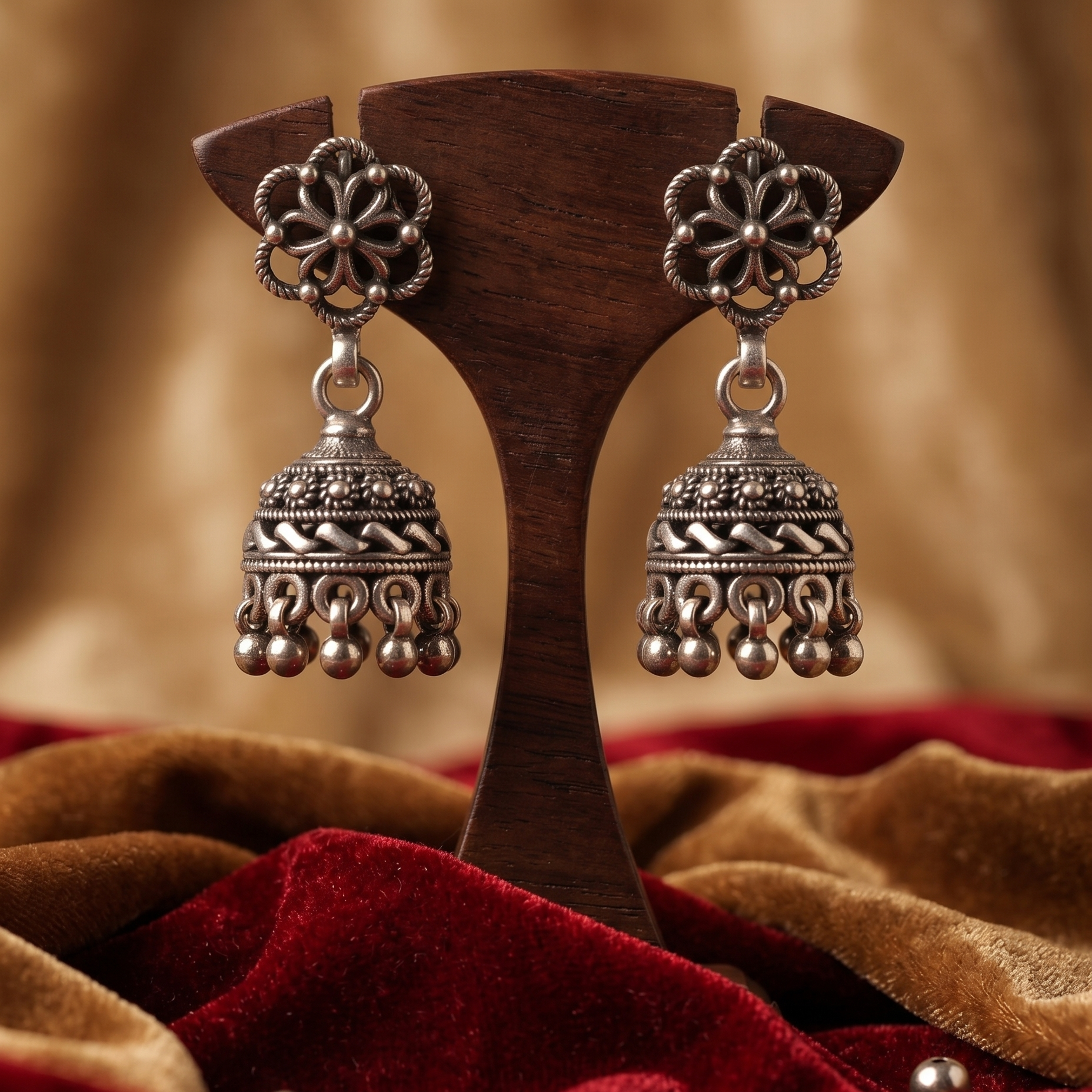 Pair of silver jhumka earrings on a wooden stand with a warm background