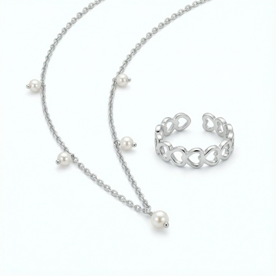 Pearl Heart Silver Combo Set