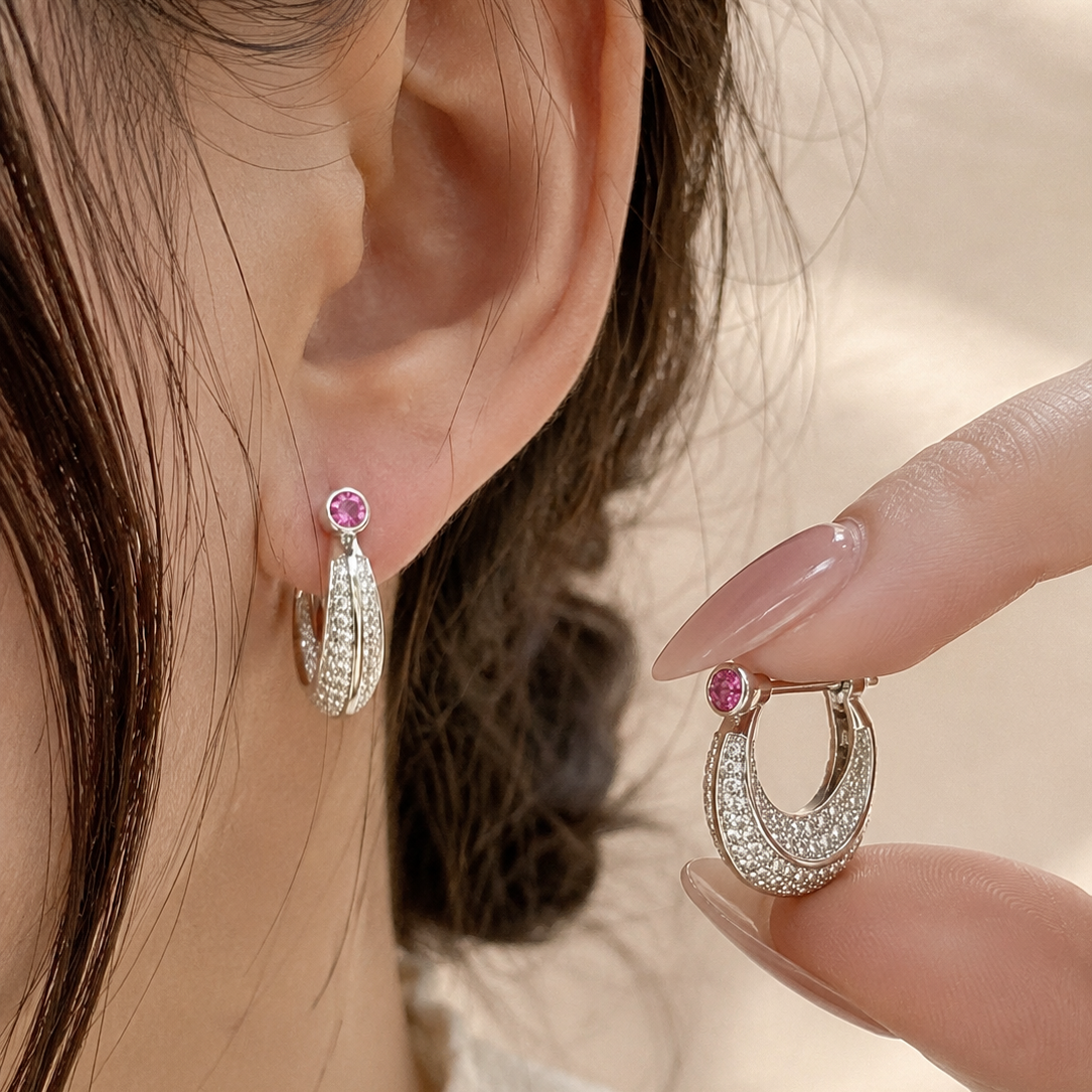Ruby Glimmer Pavé Hoop Earrings - 925 Sterling Silver - Lustra