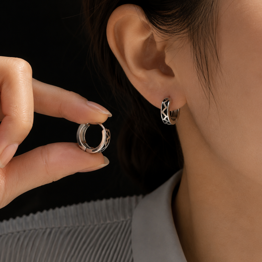 Midnight Geometry Silver Huggie Earrings