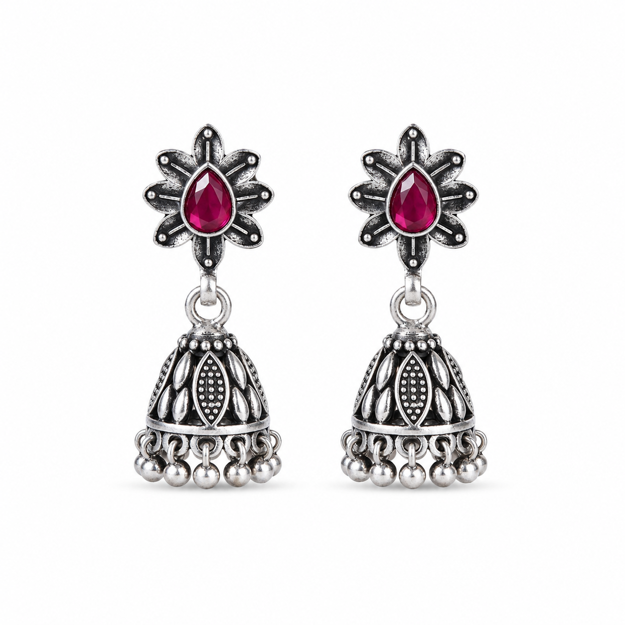 Ruby Petal Oxidised Silver Jhumka Earrings