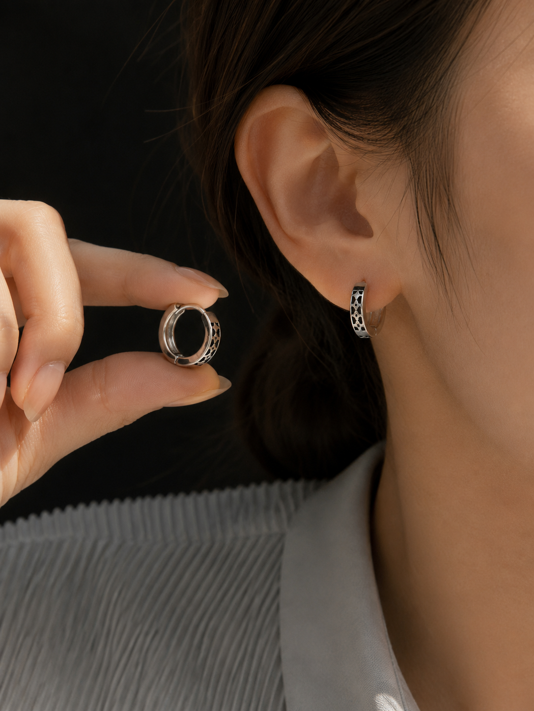 Midnight Texture Silver Huggie Earrings