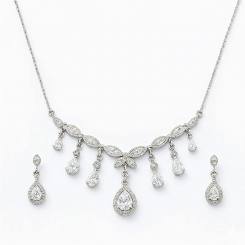 Radiant Elegance Necklace and Earrings Set with teardrop and marquise crystals in silver