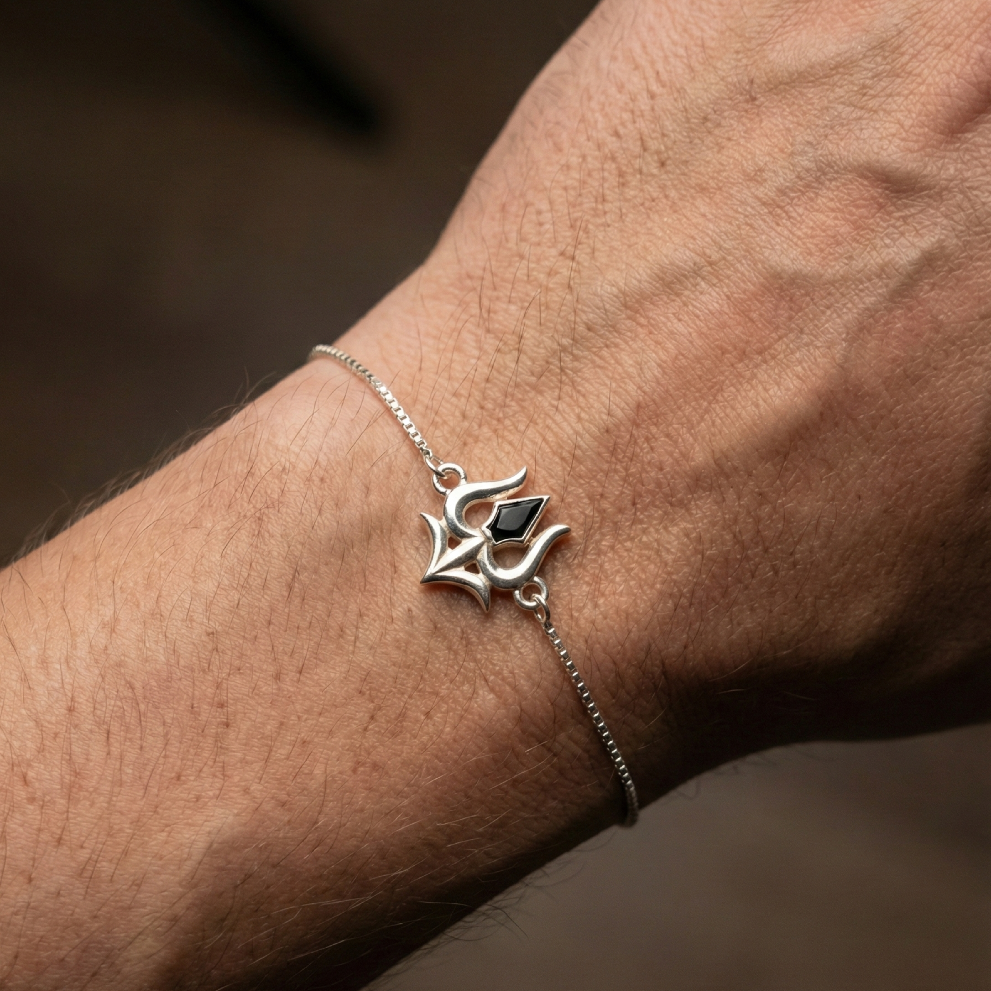 Lustra Trishul Black Stone Silver Bracelet - 925 Sterling Silver - Lustra