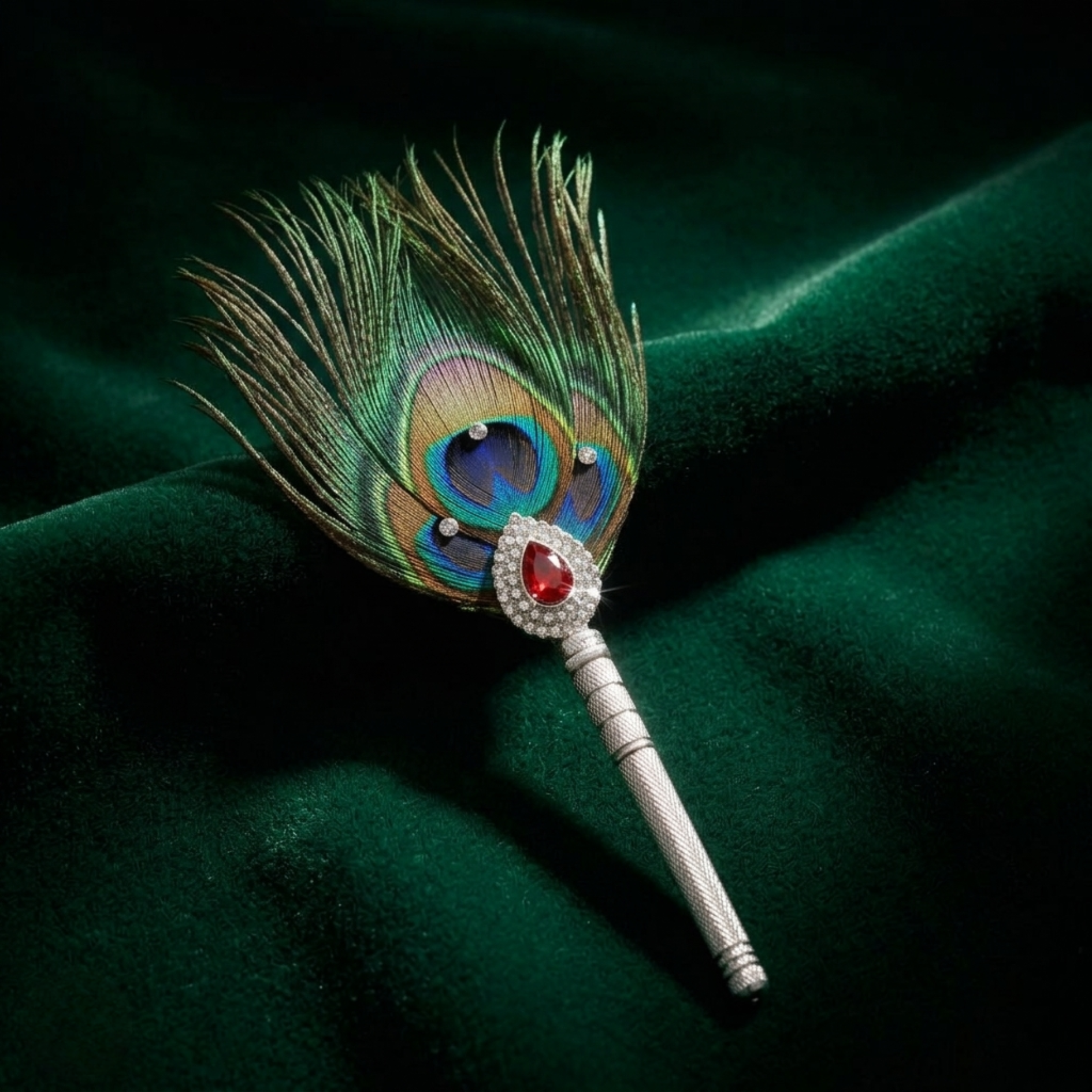 Sacred Peacock Feather with Silver Handle & Ruby CZ Embellishment - 925 Sterling Silver - Lustra