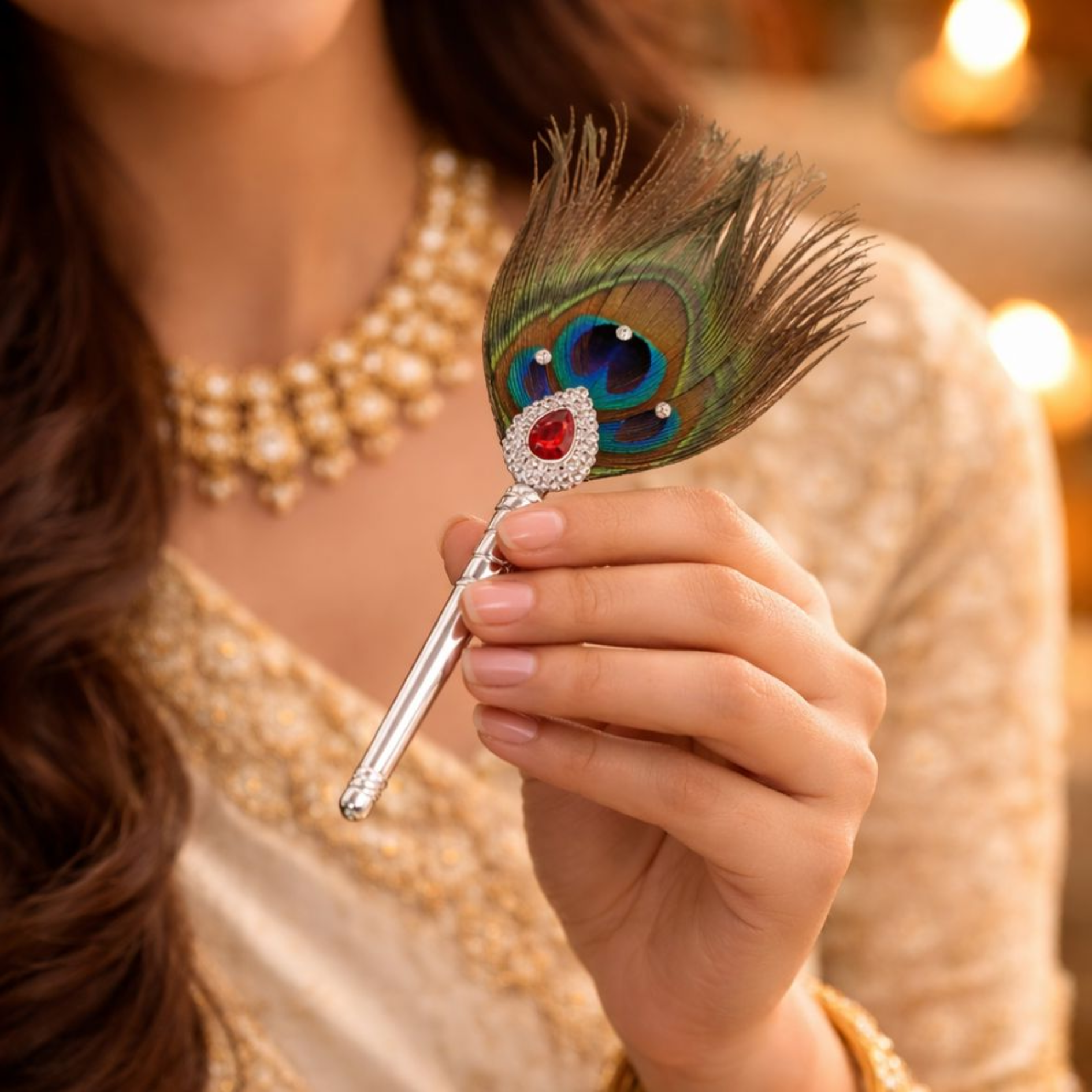 Sacred Peacock Feather with Silver Handle & Ruby CZ Embellishment - 925 Sterling Silver - Lustra