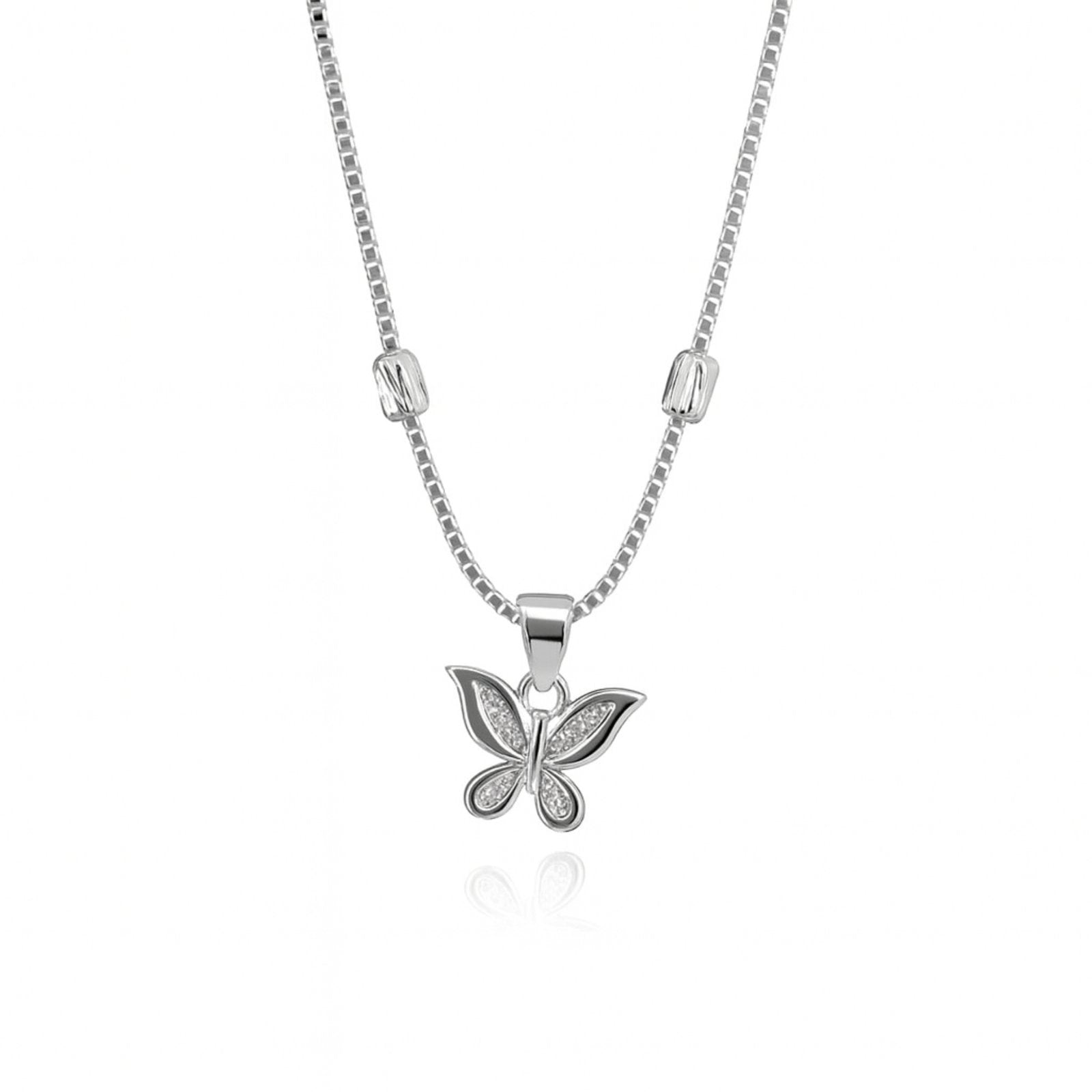 Butterfly Embrace Pendant with silver chain and sparkling butterfly charm