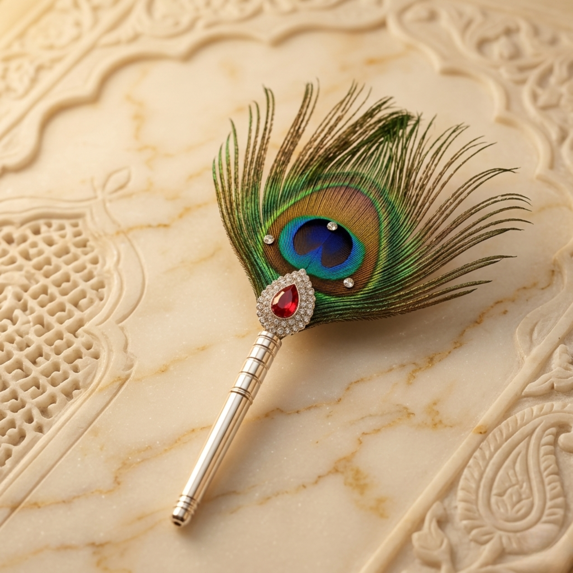 Sacred Peacock Feather with Silver Handle & Ruby CZ Embellishment - 925 Sterling Silver - Lustra