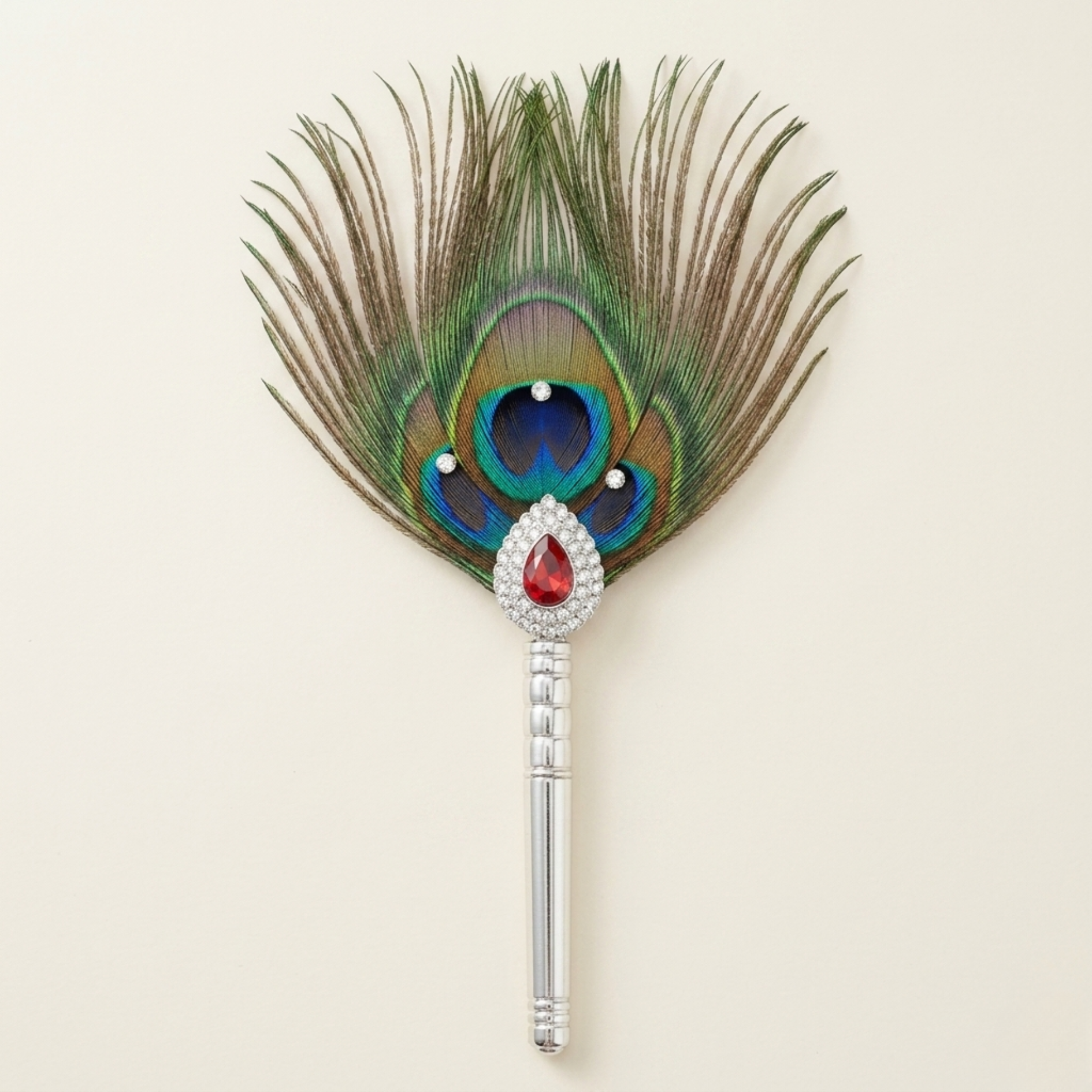 Sacred Peacock Feather with Silver Handle & Ruby CZ Embellishment - 925 Sterling Silver - Lustra