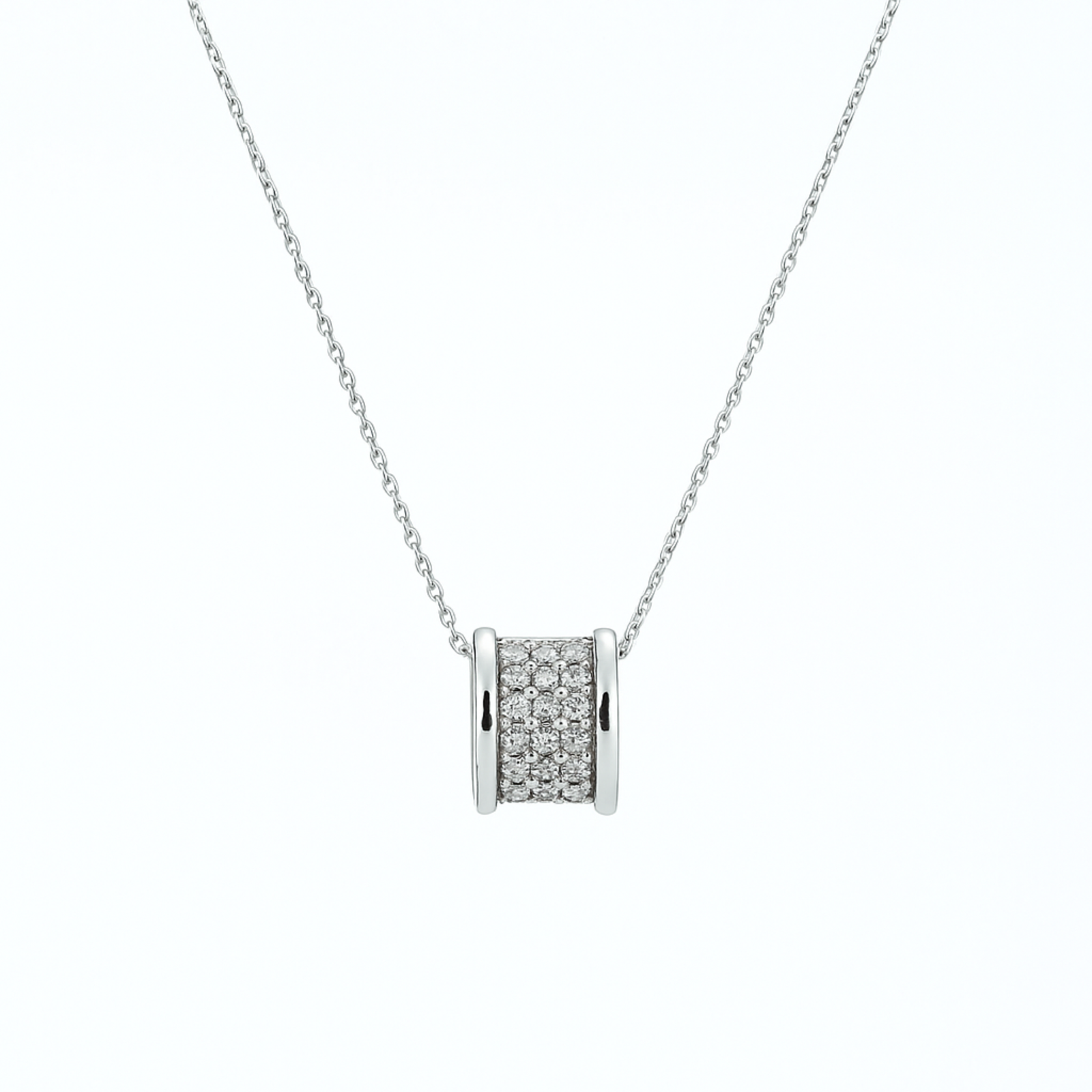 Lustrous Pavé Cylinder Necklace with silver chain and sparkling pavé-set cylinder pendant