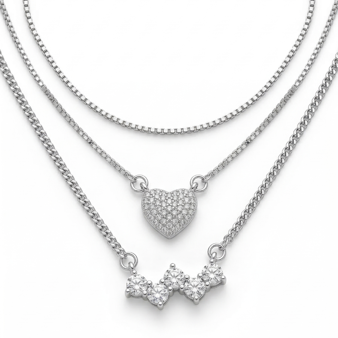 Lustra Layered Heart & Crystal Drop Silver Necklace Set - 925 Sterling Silver - Lustra