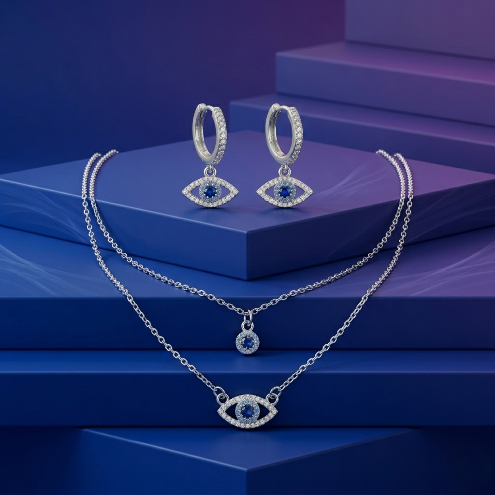 Azure Gaze Evil Eye Sterling Silver Jewellery Set - 925 Sterling Silver - Lustra