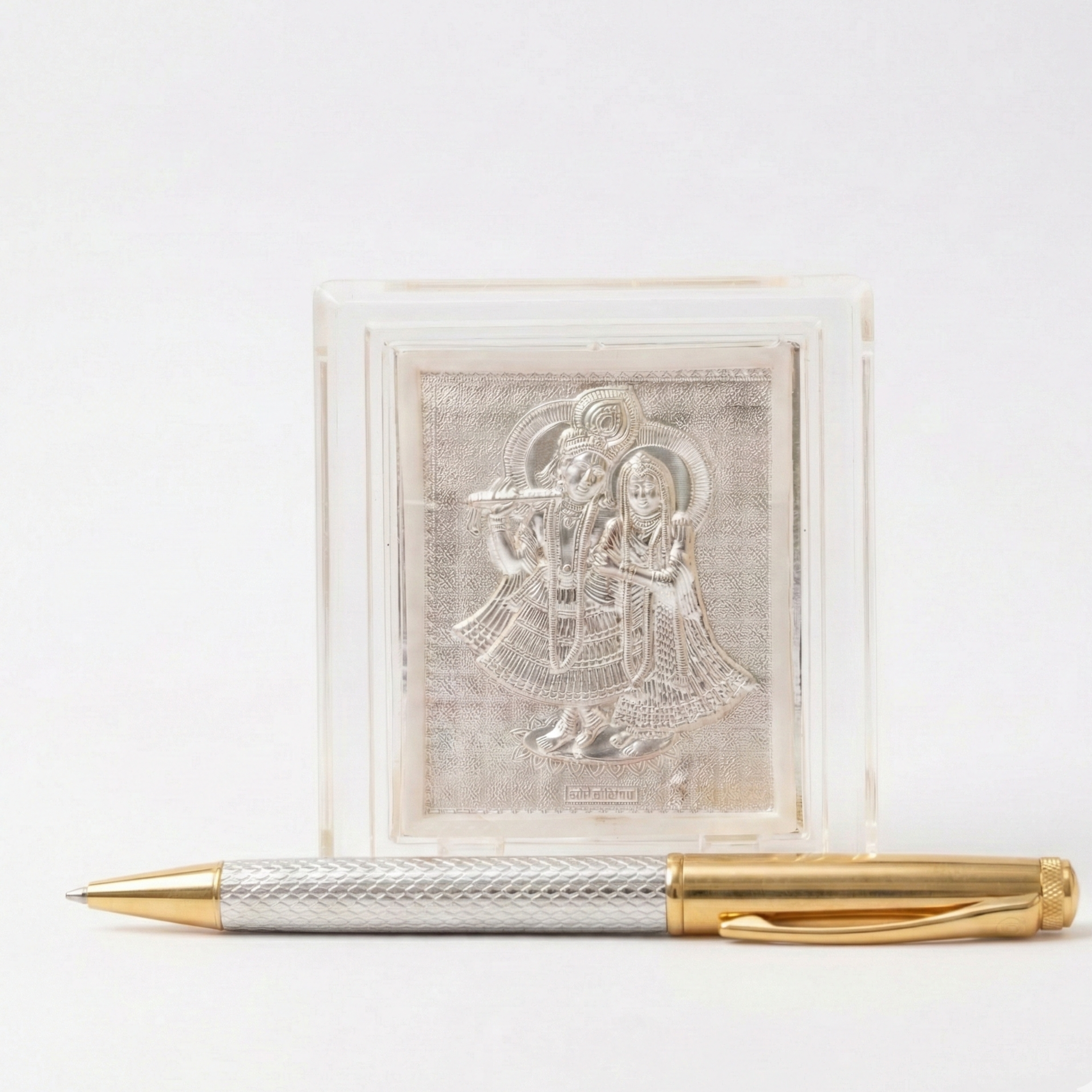 Divine Harmony Gold & Silver Pen with Radha Krishna Plaque