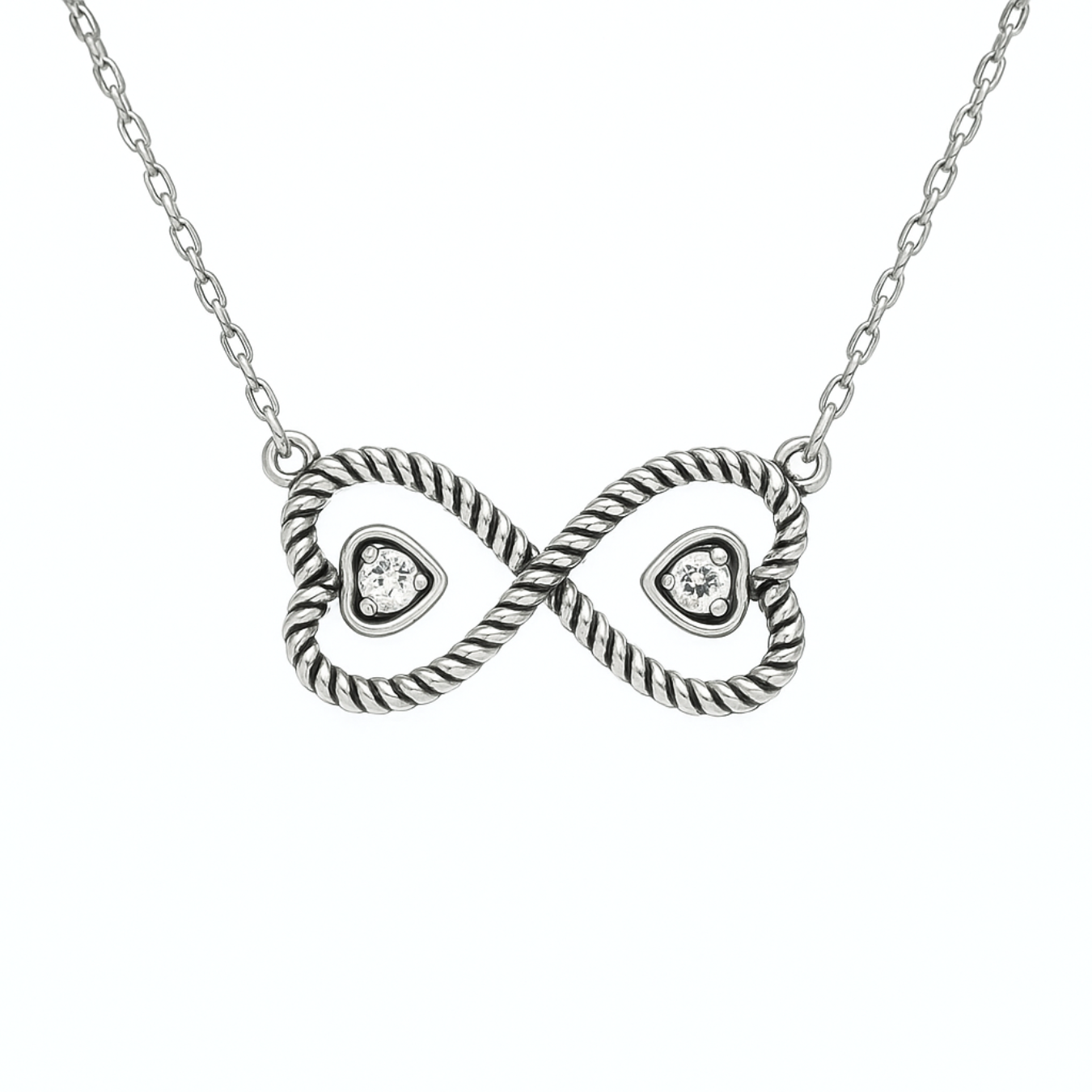 Twisted Infinity Hearts Necklace with rope-textured infinity symbol and heart charms