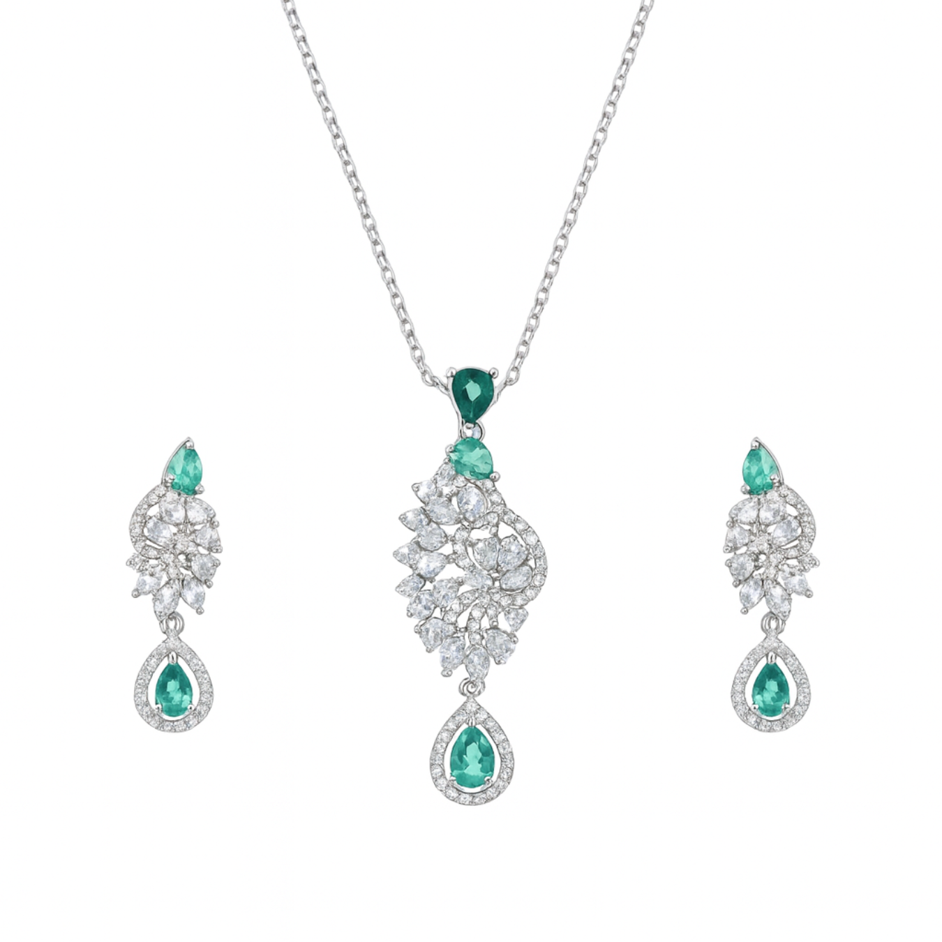 Elegant Teardrop Earrings and Necklace Set with green and white stones