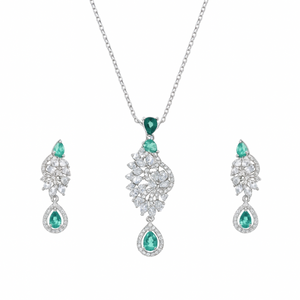 Elegant Teardrop Earrings and Necklace Set with green and white stones