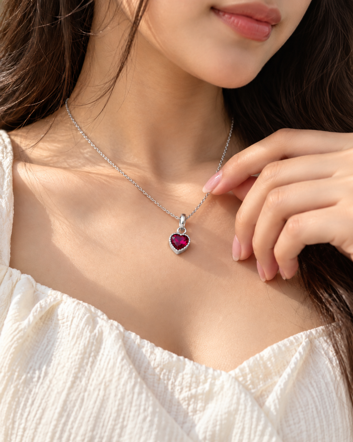 Ruby Heart Pendant Necklace – Silver