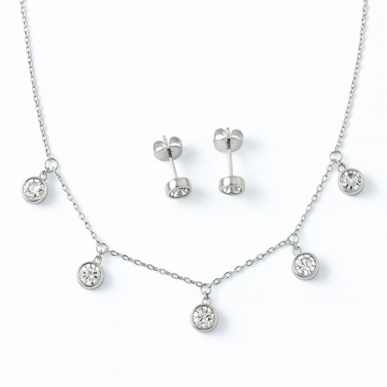 Sparkling Drops Necklace and Earrings Set with silver chain and crystal pendants