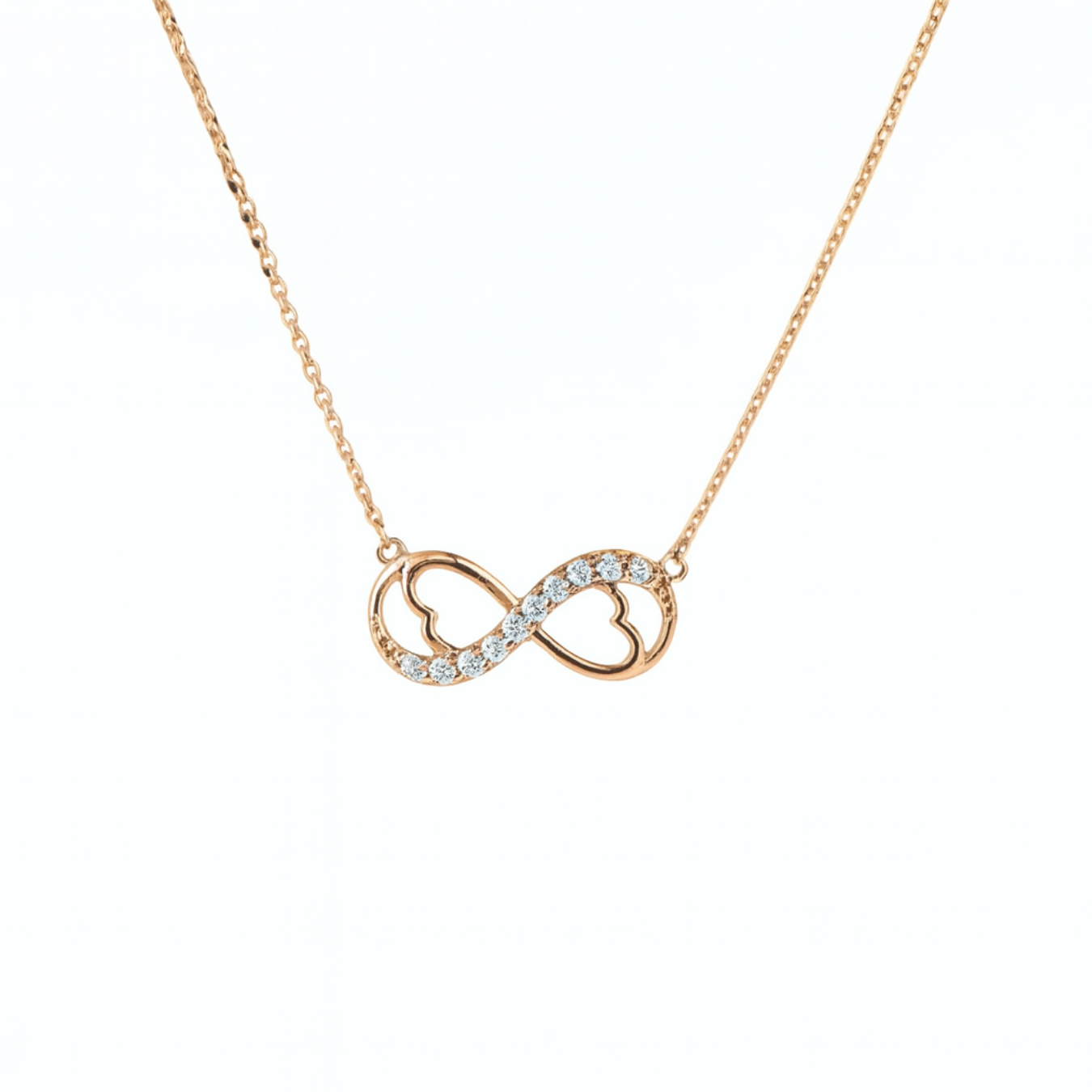 Eternal Hearts Necklace with rose gold infinity and heart design, accented with crystals