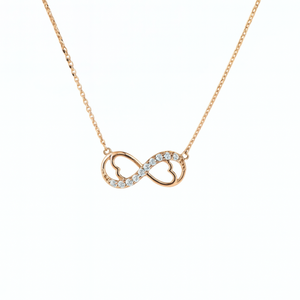 Eternal Hearts Necklace with rose gold infinity and heart design, accented with crystals