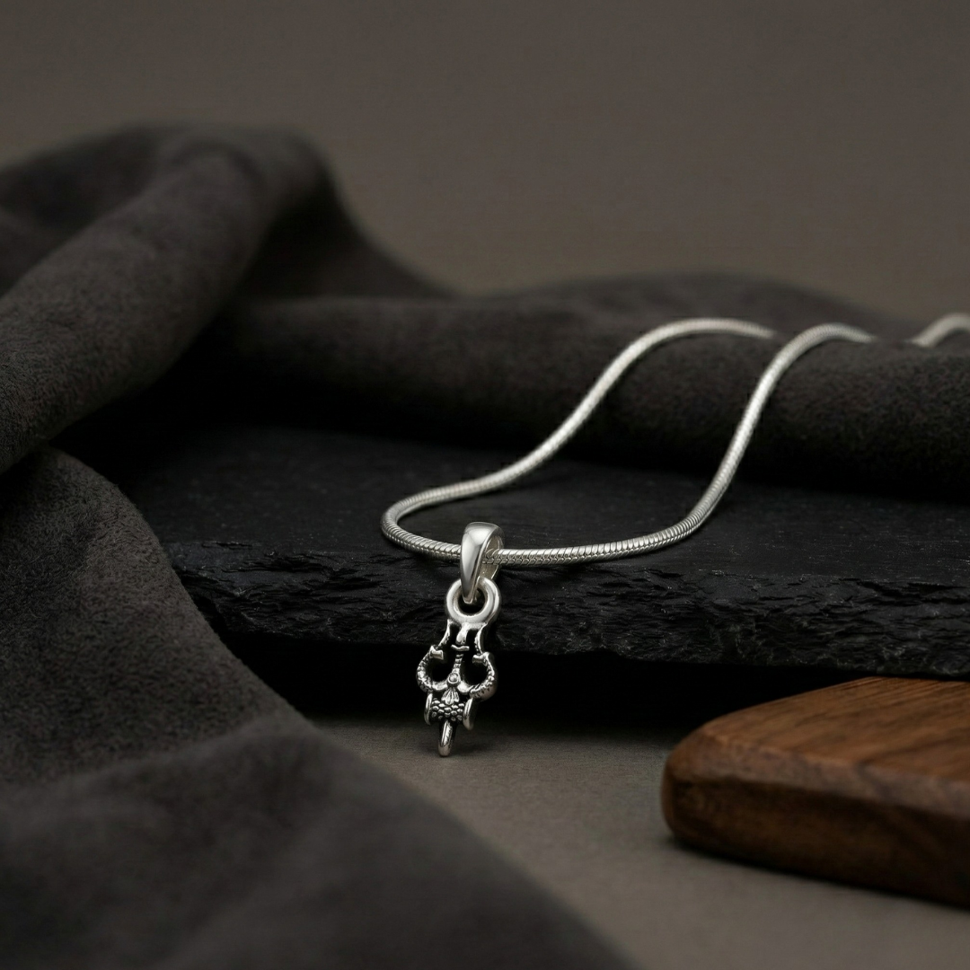 Sacred Shiva Damru Trishul Silver Pendant