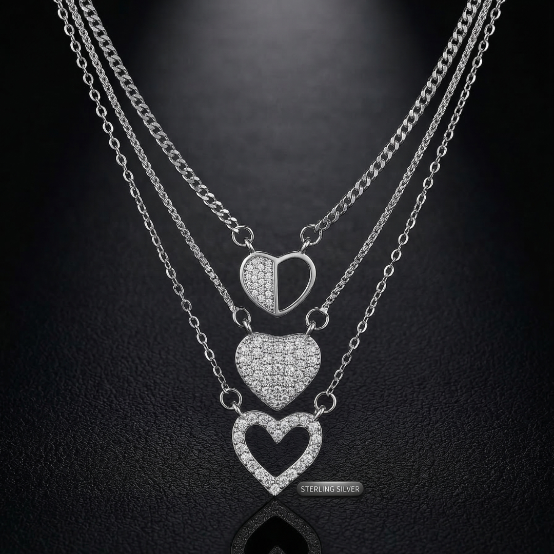 Lustra Triple Heart Layered Silver Necklace - 925 Sterling Silver - Lustra