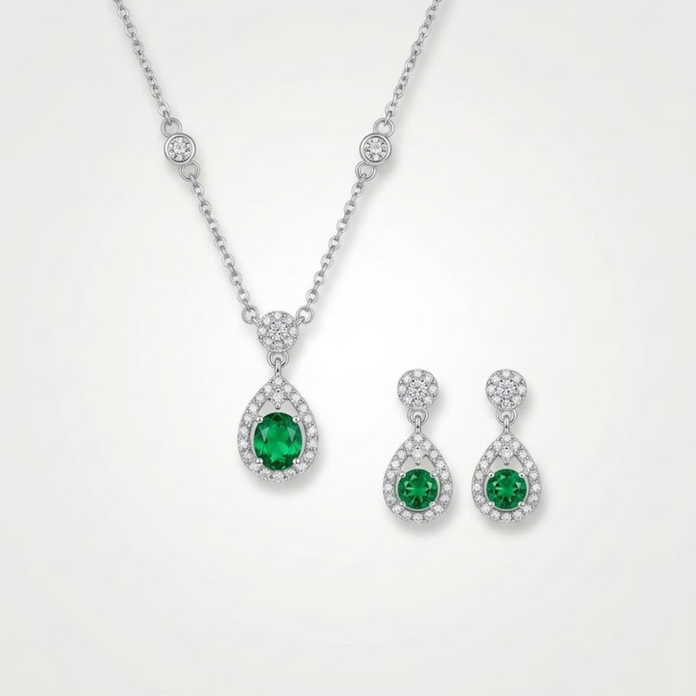 Emerald Teardrop Halo Jewelry Set