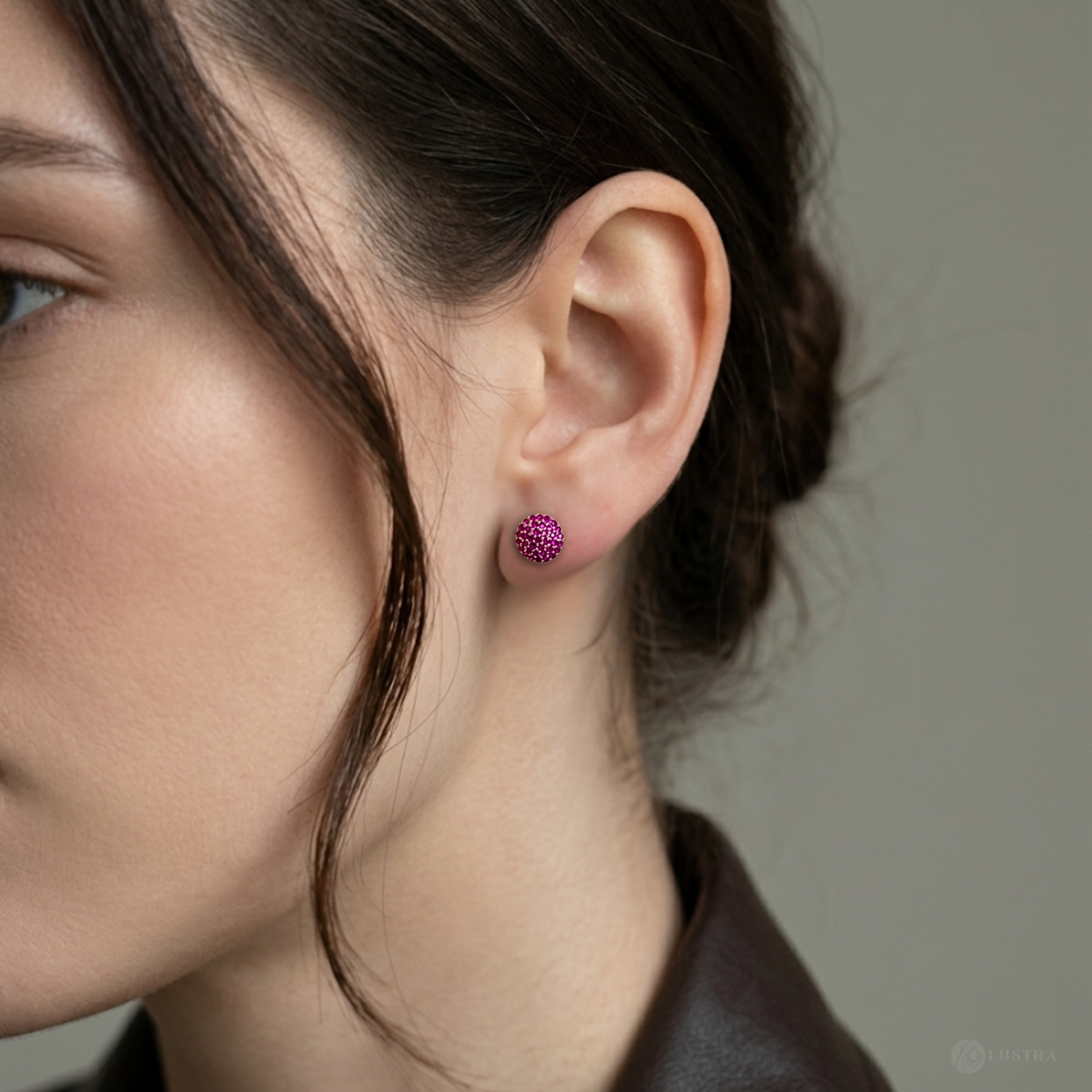 Ruby Sparkle Dome Silver Ear Studs