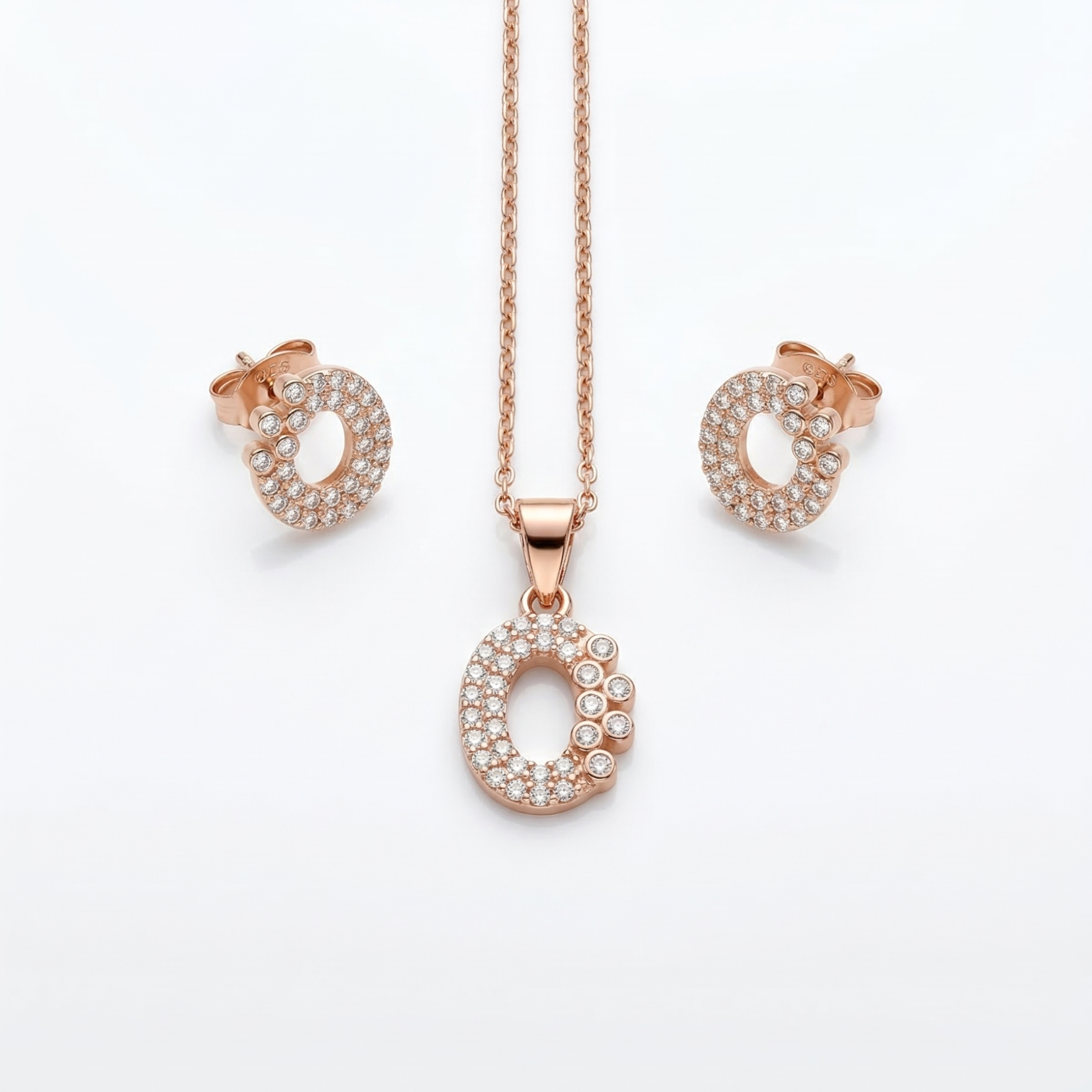 Lustra Rose Gold Initial “C” Crystal Pendant Set - 925 Sterling Silver - Lustra