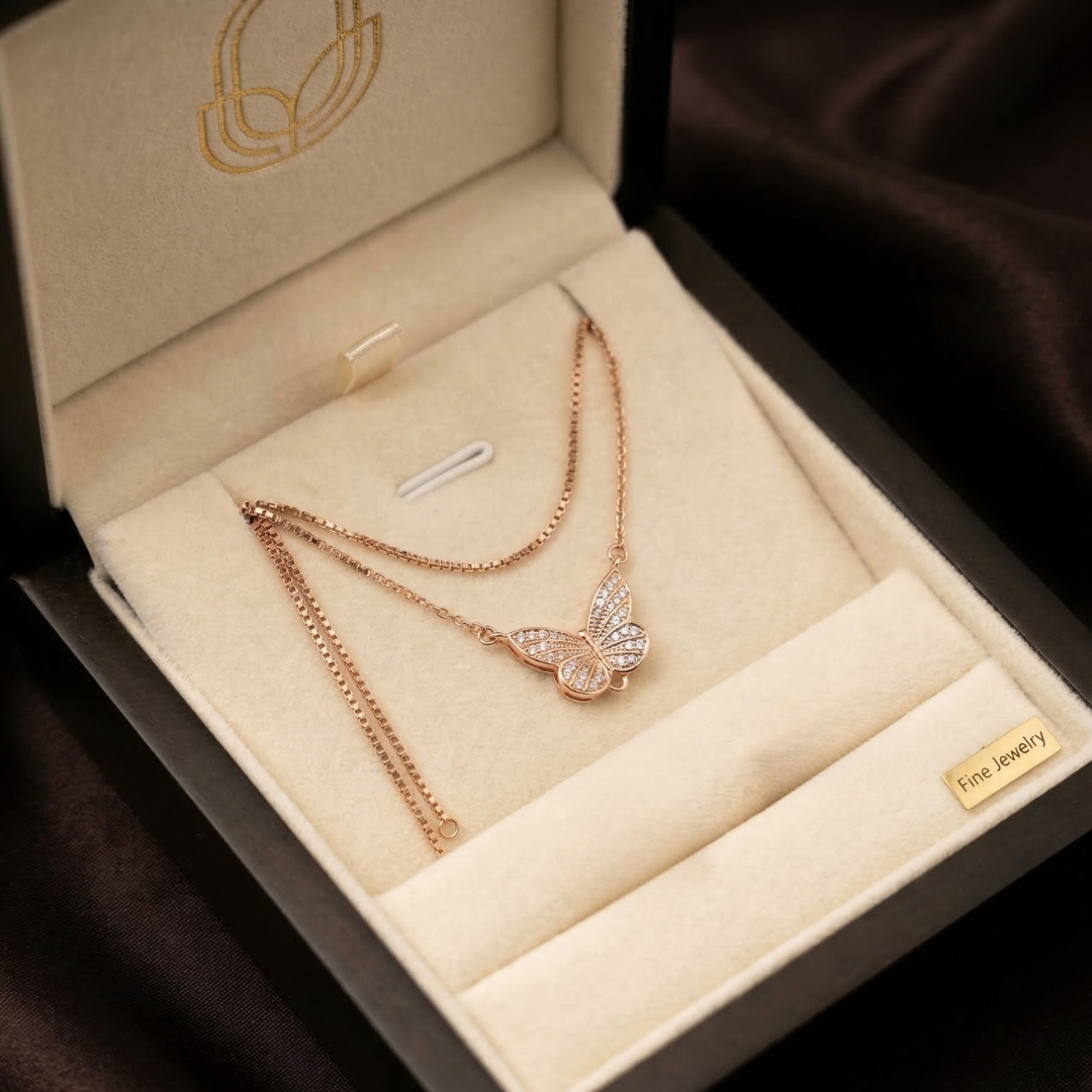 Lustra Rose Gold Butterfly Tassel Necklace - 925 Sterling Silver - Lustra