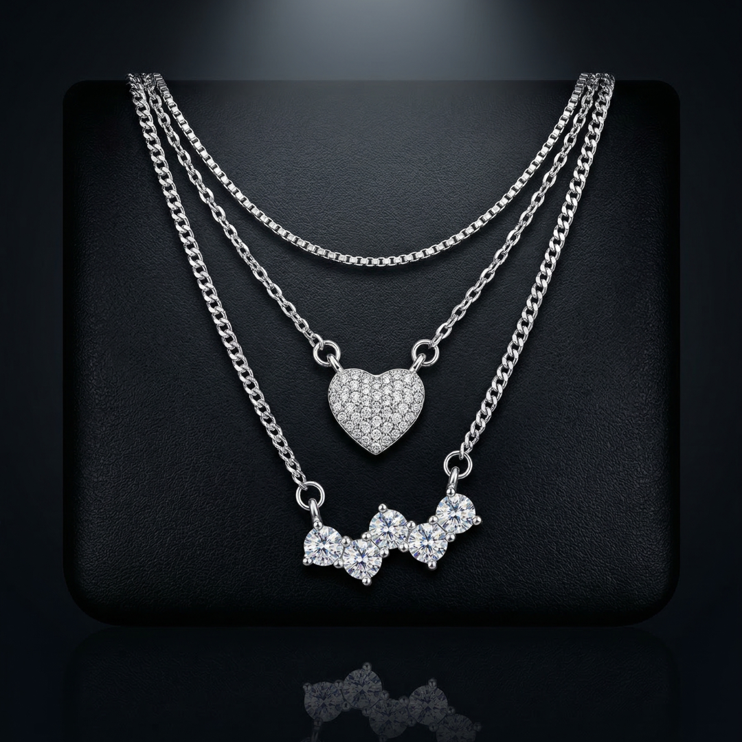 Lustra Layered Heart & Crystal Drop Silver Necklace Set - 925 Sterling Silver - Lustra