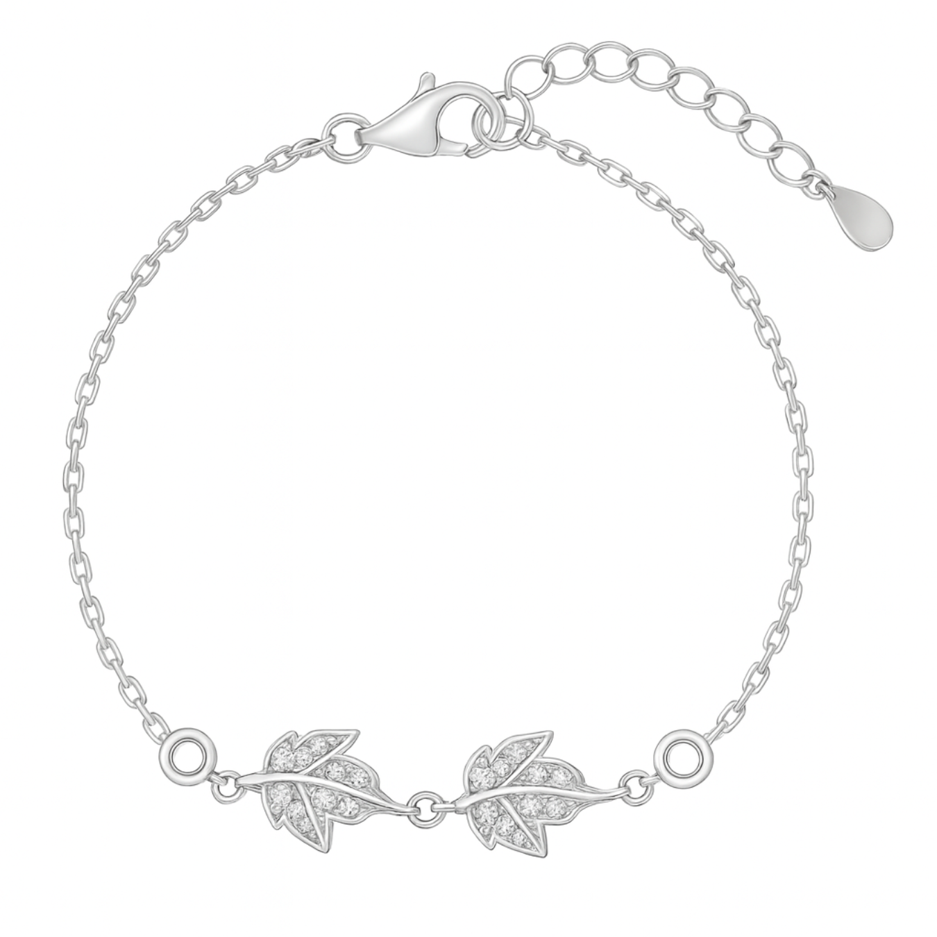 Leaf Charm Silver Bracelet with two crystal-studded leaves on a delicate chain