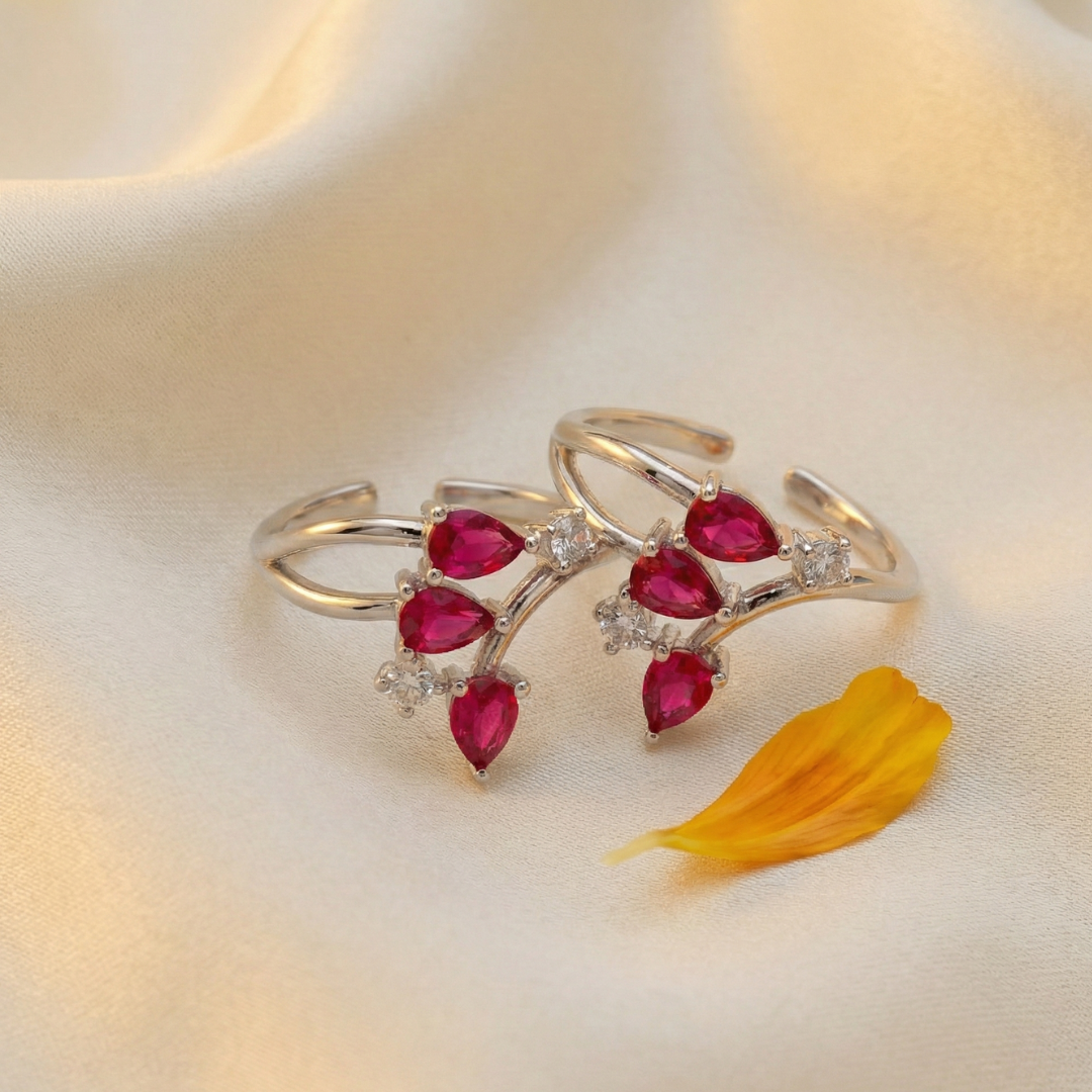 Ruby Petal Sparkle Silver Toe Rings (Pair)
