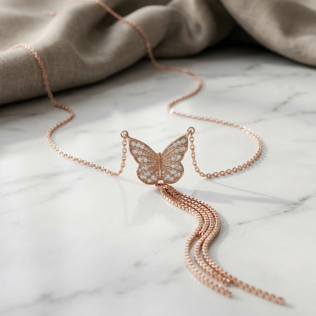Lustra Rose Gold Butterfly Tassel Necklace - 925 Sterling Silver - Lustra