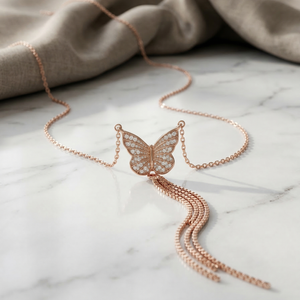 Lustra Rose Gold Butterfly Tassel Necklace - 925 Sterling Silver - Lustra