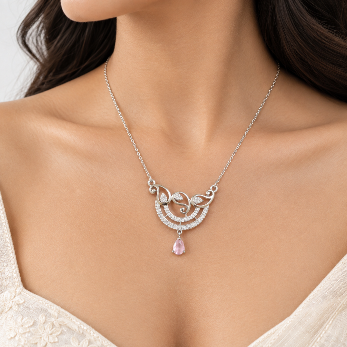 Floral Crescent 925 Sterling Silver Mangalsutra Set