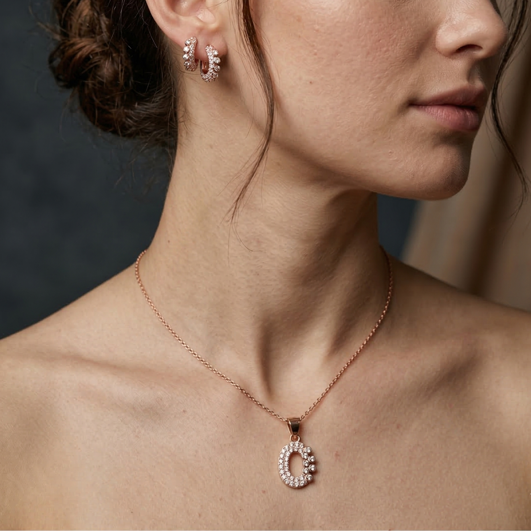 Lustra Rose Gold Initial “C” Crystal Pendant Set - 925 Sterling Silver - Lustra