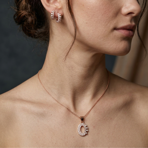 Lustra Rose Gold Initial “C” Crystal Pendant Set - 925 Sterling Silver - Lustra