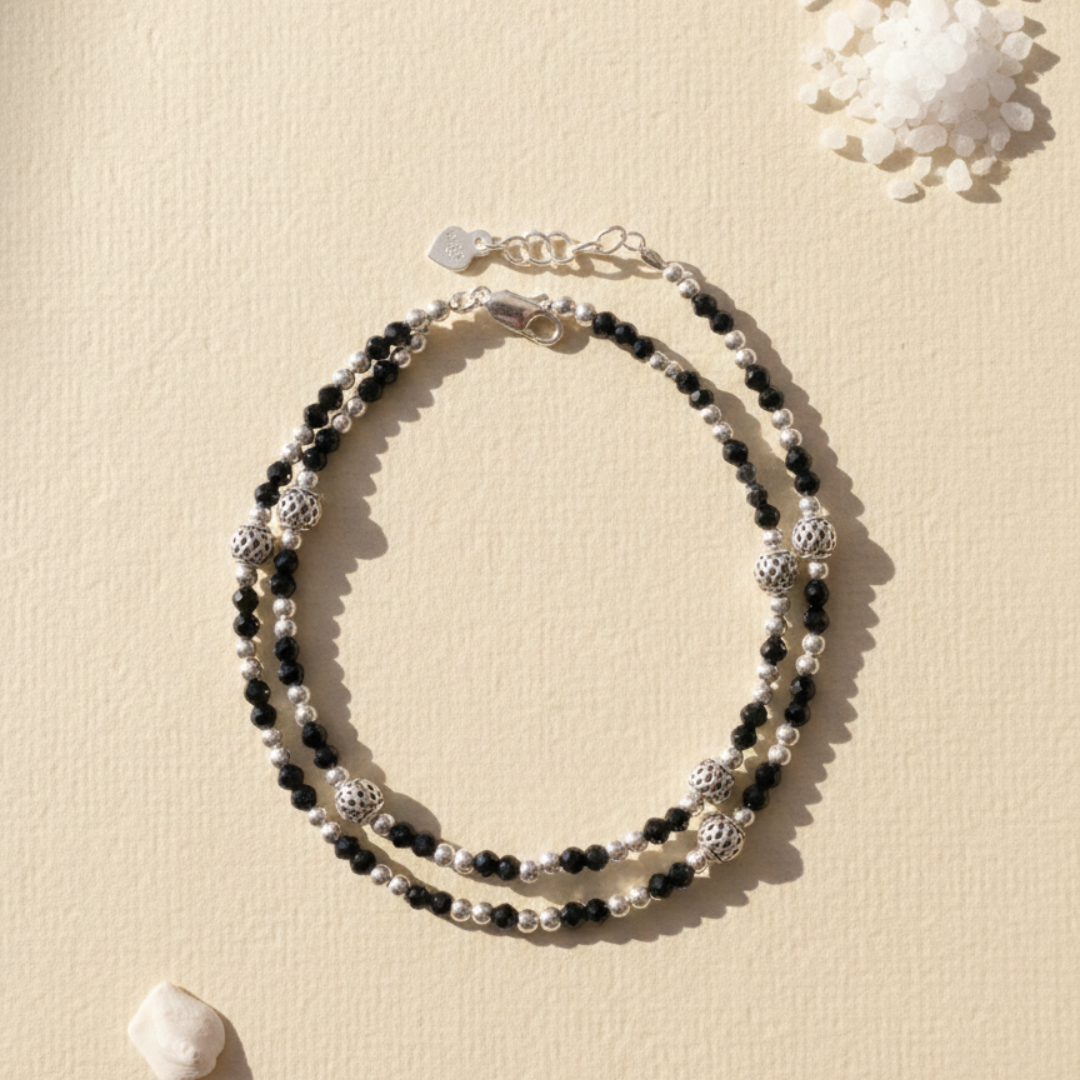 Black Bead Silver Anklet pair - 925 Sterling Silver - Lustra