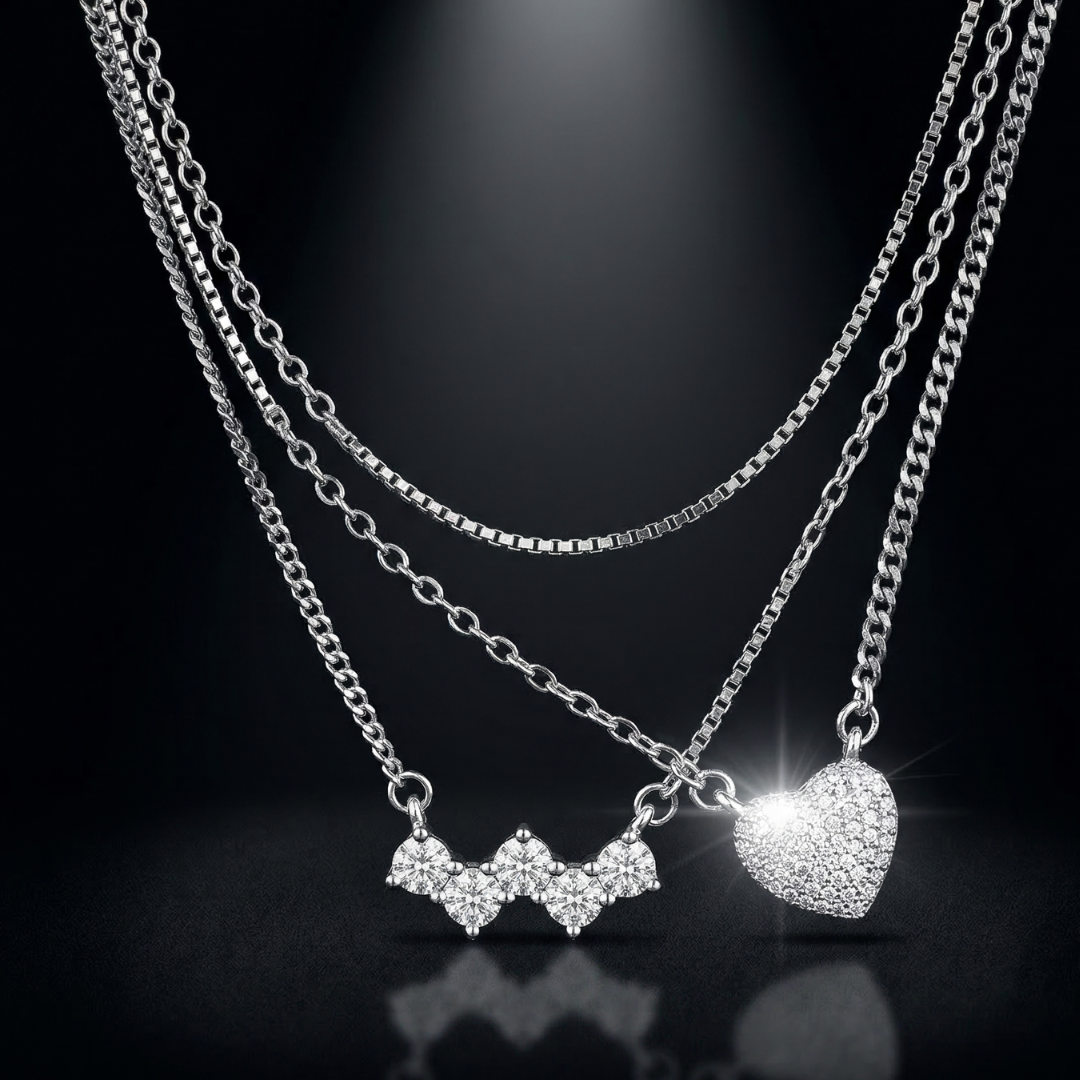 Lustra Layered Heart & Crystal Drop Silver Necklace Set - 925 Sterling Silver - Lustra