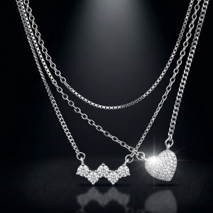 Lustra Layered Heart & Crystal Drop Silver Necklace Set - 925 Sterling Silver - Lustra