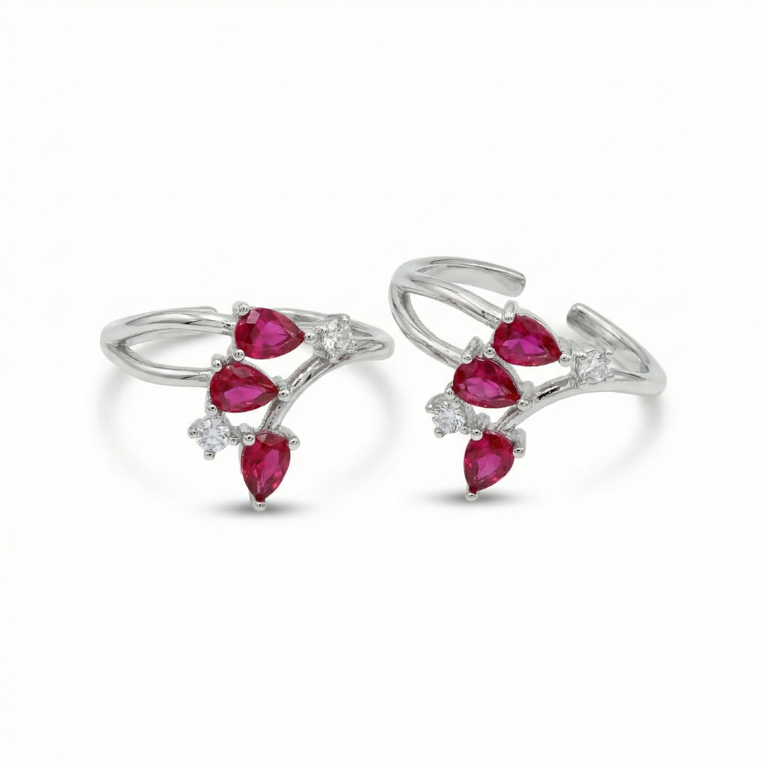 Ruby Petal Sparkle Silver Toe Rings (Pair)
