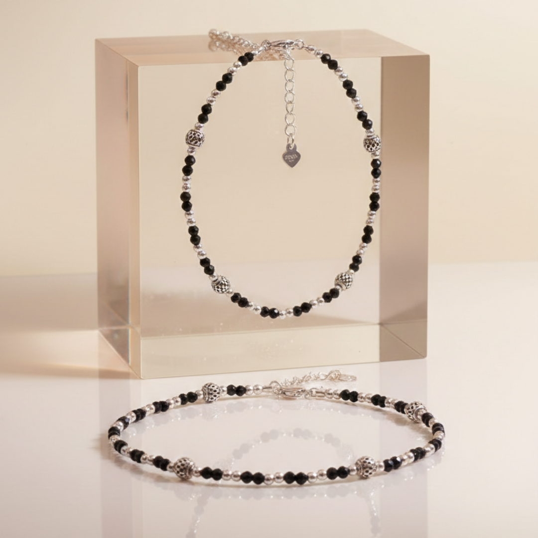 Black Bead Silver Anklet pair - 925 Sterling Silver - Lustra