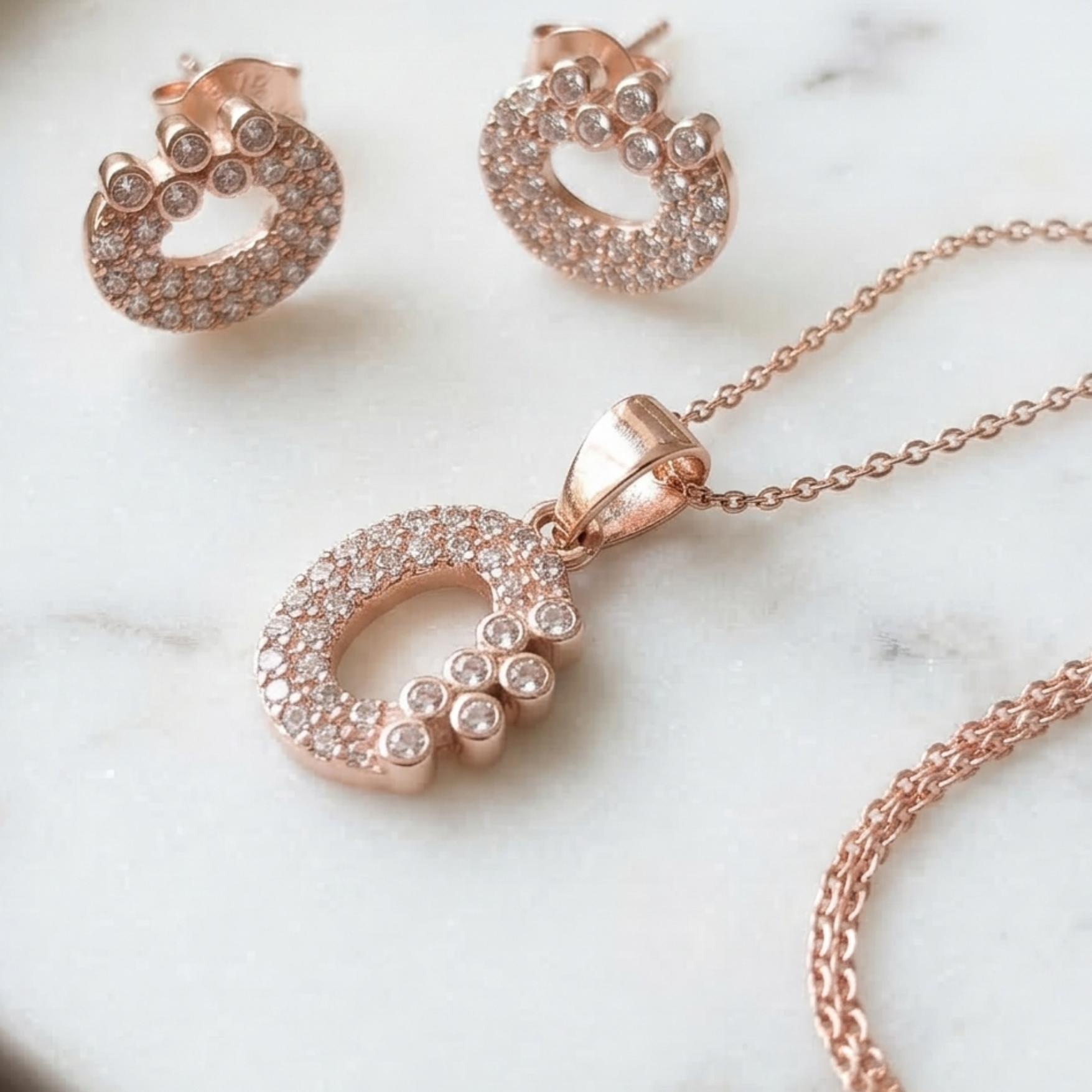 Lustra Rose Gold Initial “C” Crystal Pendant Set - 925 Sterling Silver - Lustra