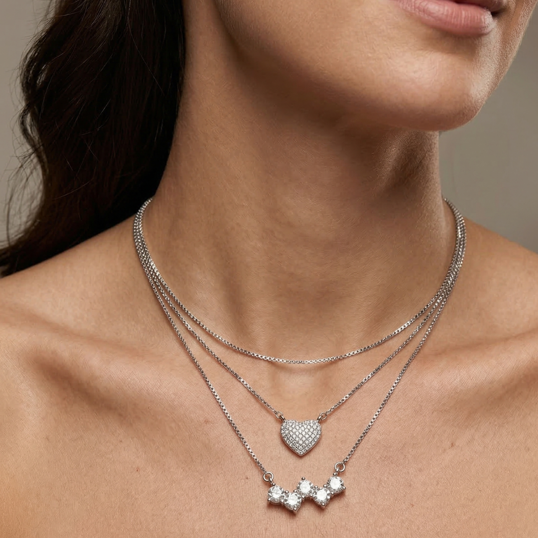 Lustra Layered Heart & Crystal Drop Silver Necklace Set - 925 Sterling Silver - Lustra